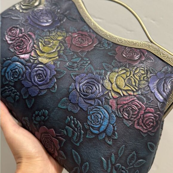 Unique Colorful Rose Embossed Cowhide Handmade Retro Style Kisslock Handbag - Picture 14 of 17